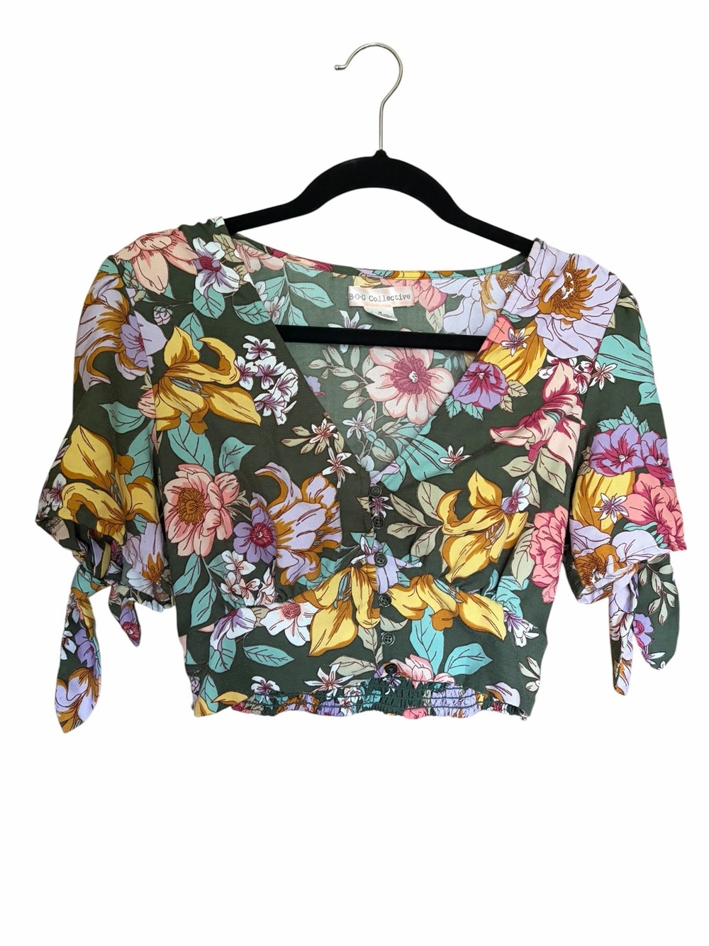 Boho Cottagecore Olive Green Floral Tie-Sleeve Crop Top